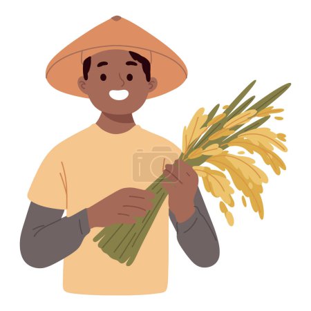 Illustration for Young farmer holding rice harvest - Royalty Free Image