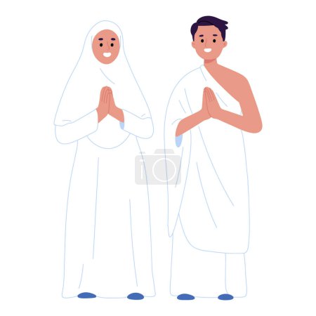 Téléchargez les illustrations : Femme et homme portant des vêtements ihram pour le Hadj ou Umrah - en licence libre de droit