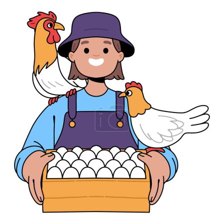 Téléchargez les illustrations : Le fermier avec une boîte d'œufs de poulet - en licence libre de droit