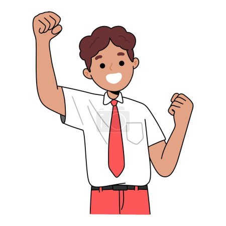 Téléchargez les illustrations : Excité élémentaire garçon pompage leurs poings dans l'air - en licence libre de droit