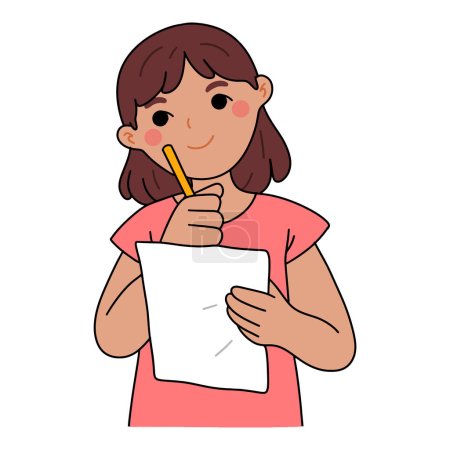 Illustration for Little girl holding paper and thinking while pointing finger - Royalty Free Image