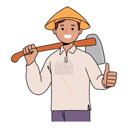 Ilustración de Joven agricultor que lleva una azada para trabajar en los arrozales - Imagen libre de derechos