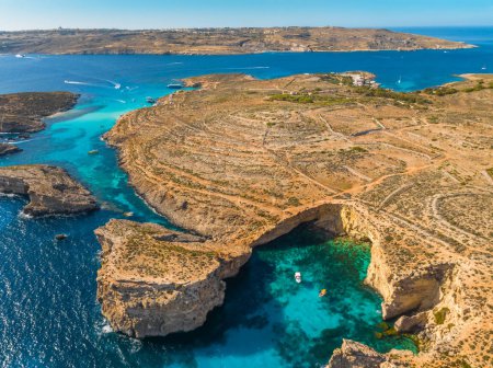 Aerial view of Comino island, Crystal and Blue lagoon. Maltese island