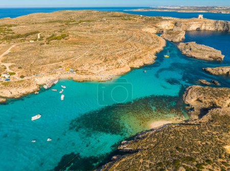 Drone view of Blue lagoon on Comino island, part of Malta country