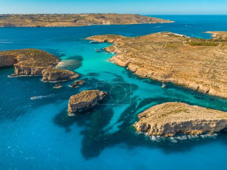 Drone view of Blue lagoon on Comino island, part of Malta island
