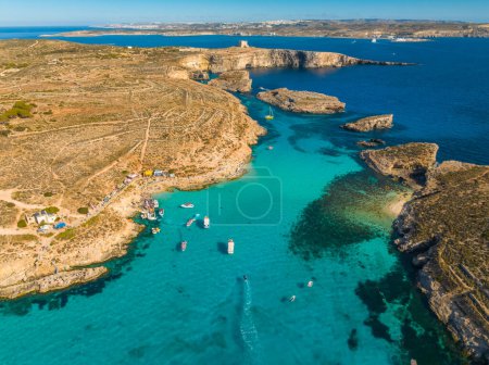 Drone top view of Blue lagoon on Comino island, part of Maltese island