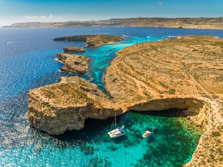 Drone view of Comino island and Crystal and Blue lagoon. Malta island
