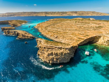 Drone view of Comino island and Crystal lagoon. Maltese island