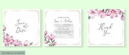 Téléchargez les photos : Modèle botanique vectoriel pour les invitations de mariage ou autres célébrations. Un délicat magnolia rose dans un style aquarelle. . Illustration vectorielle - en image libre de droit