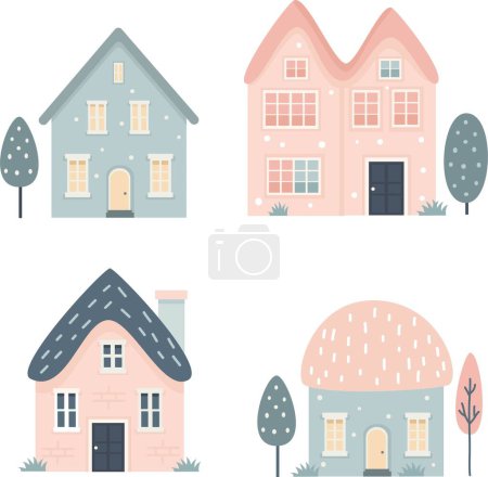 Téléchargez les photos : Ensemble vectoriel de jolies maisons aux couleurs pastel. Maisons provinciales roses et bleues avec arbres. Illustration vectorielle - en image libre de droit