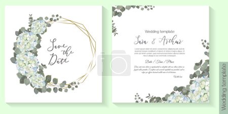 Diseño floral para invitación a la boda. Marco de oro en forma de cristal, hortensias blancas y azules, plantas verdes, eucalipto. Ilustración vectorial