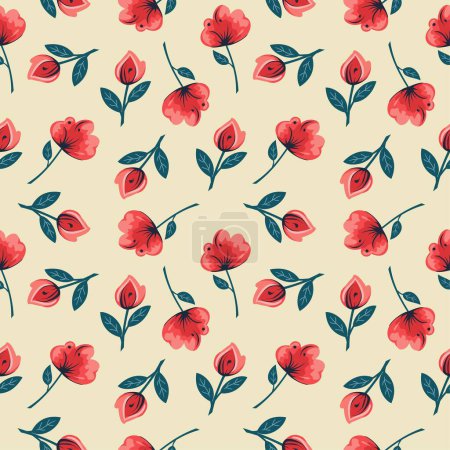 Illustration for Seamless vector pattern. Juicy red flowers in Scandinavian style, naive art. Pattern on beige background . Vector illustration - Royalty Free Image