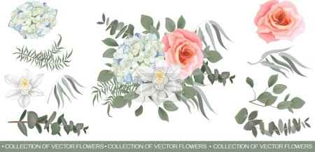 Vektor-Blumenarrangement. Weiße Hortensien, Orchideen, rosa Rosen, Eukalyptus, verschiedene Blätter und Pflanzen. Alle Elemente der Komposition sind auf weißem Hintergrund isoliert. Vektorillustration