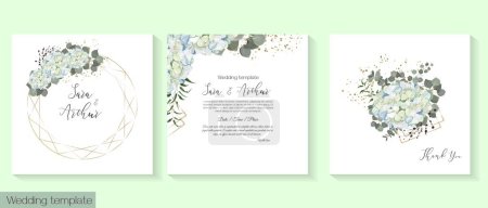 Diseño floral para invitación a la boda. Marco de oro en forma de cristal, hortensias blancas y azules, plantas verdes, eucalipto. Ilustración vectorial