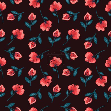 Illustration for Seamless vector pattern. Juicy red flowers in Scandinavian style, naive art. Pattern on dark background . Vector illustration - Royalty Free Image