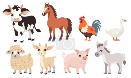 Vektor Reihe von flachen Illustrationen. Nutztiere auf weißem Hintergrund, Haustiere. Pferd Kuh Schaf Ziege Gans Hahn, Schwein Esel. Vektorillustration