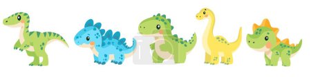 Illustration for A set of super cute vector childrens illustrations. Cute green dinosaurs on white background. Vector illustration - Royalty Free Image