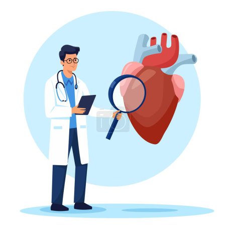 Téléchargez les photos : Illustration vectorielle plate. Un cardiologue tenant une grande loupe et étudiant la santé du cœur. Illustration vectorielle - en image libre de droit