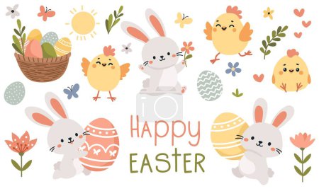 Téléchargez les photos : Ensemble d'illustrations vectorielles plates pour le jour de Pâques. Mignons lapins de Pâques, poulets, panier d'œufs, oeufs de Pâques, fleurs et papillons. Joyeux Pâques inscription. Illustration vectorielle - en image libre de droit
