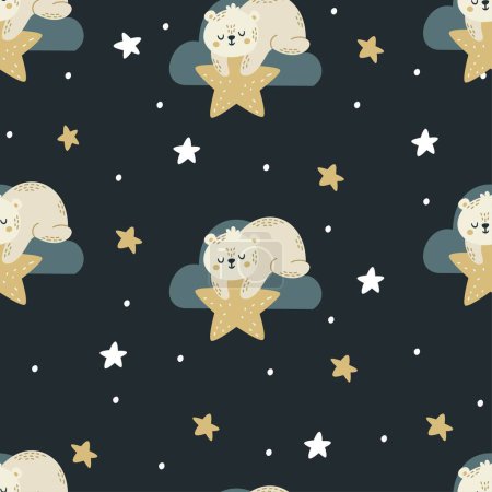 Illustration for Seamless vector pattern. Cute bear sleeping on a cloud and holding a star. Moon and stars, night sky . Vector illustration - Royalty Free Image