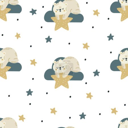 Illustration for Seamless vector pattern. Cute bear sleeping on a cloud and holding a star. Moon and stars. Vector illustration - Royalty Free Image