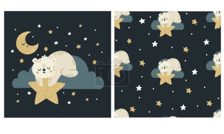 Illustration for Set of vector templates for printing on childrens products. Cute sleeping Bear lying on a cloud and holding a star. Seamless vector pattern with moon and stars . Vector illustration - Royalty Free Image
