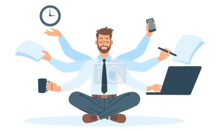 Illustration for Flat vector illustration. Young man in office clothes with three pairs of hands doing many things at the same time. Concept of multitasking and calmness . Vector illustration - Royalty Free Image