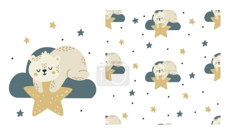 Illustration for Set of vector templates for printing on childrens products. Cute sleeping Bear lying on a cloud and holding a star. Seamless vector pattern with moon and stars . Vector illustration - Royalty Free Image
