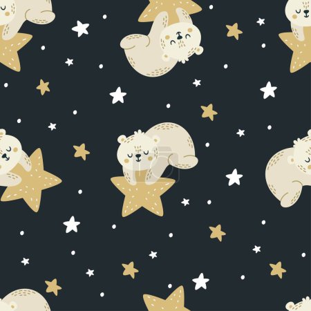 Illustration for Seamless vector pattern. Cute bear sleeping and holding a star. Moon and stars, night sky . Vector illustration - Royalty Free Image