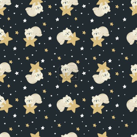 Illustration for Seamless vector pattern. Cute bear sleeping and holding a star. Moon and stars, night sky . Vector illustration - Royalty Free Image