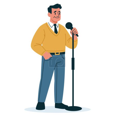 Illustration vectorielle plate. un homme en âge se tient debout et dit quelque chose dans un microphone, un haut-parleur, un coach. Illustration vectorielle