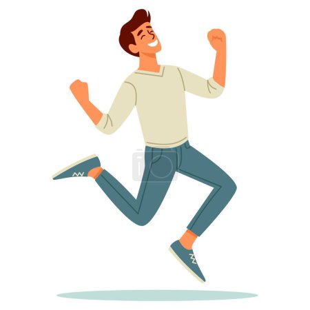 Junger Mann springt vor Freude, glücklichen Gefühlen. Flache Vektordarstellung auf weißem Hintergrund. Vektorillustration