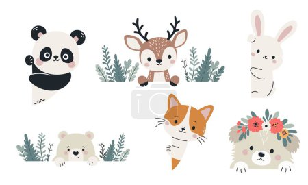 Set of flat vector illustrations in childrens style. Cute animals peeking out from behind banners, space for your text. Bear dog dog hare hare deer cat panda. Vector illustration