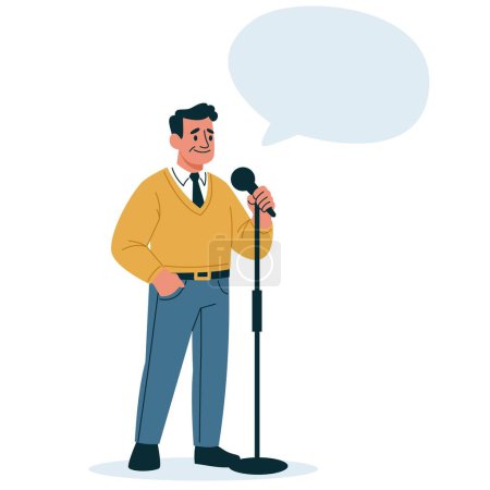 Illustration vectorielle plate. un homme en âge se tient debout et dit quelque chose dans un microphone, un haut-parleur, bulle de parole avec de l'espace pour votre texte. Illustration vectorielle