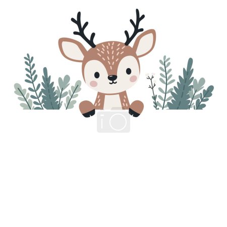 Vector banner in childrens style. Cute reindeer looking out from behind the banner, plants and flowers in Scandinavian style . Vector illustration