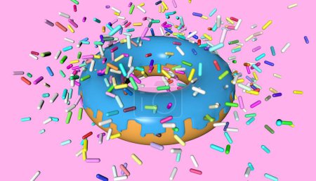 Foto de Donut con esmalte azul y confeti sobre un fondo rosa de cerca. Ilustración para una empresa de confitería. Renderizado 3D. - Imagen libre de derechos