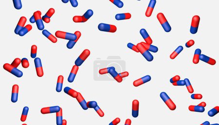 Foto de Drogas rojas y azules volando sobre un fondo blanco. Representación 3D. Concepto farmacológico. - Imagen libre de derechos