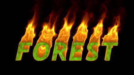 Foto de La palabra Bosque está en llamas. Concepto de incendio forestal. El calentamiento global. Protección Ambiental. Vídeo sobre ecología. Renderizado 3D - Imagen libre de derechos