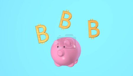 Foto de Piggy bank and three bitcoins. 3D render. Accumulation and investment concept, crypto currency. - Imagen libre de derechos