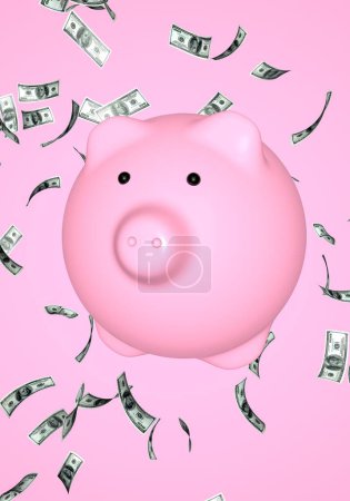 Foto de 3D pink pig-piggy bank on the background of falling dollar bills. 3D render. The concept of finance, investment, savings. - Imagen libre de derechos