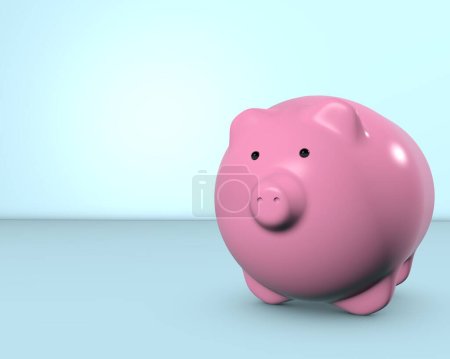 Foto de 3D pink pig with place for text. 3D piggy bank . Blue backglound. 3D render - Imagen libre de derechos