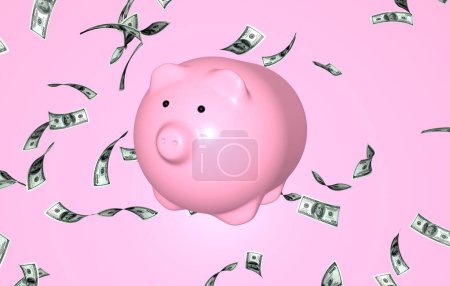 Foto de 3D pink pig-piggy bank on the background of falling dollar bills. 3D render. The concept of finance, investment, savings. - Imagen libre de derechos