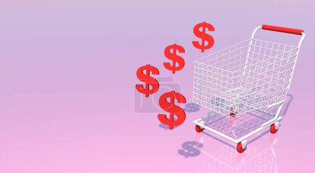 Foto de White Shopping Cart and dollars signs on a pink background, with place for text. oncept for online shopping. 3D rendering.  Business and finance, buying shares on the stock exchange. - Imagen libre de derechos
