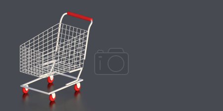 Foto de White shopping trolley on a dark background, with place for text. Online shopping concept. 3D rendering. Business and finance. - Imagen libre de derechos