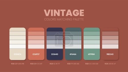 Color palette in Vintage style colour theme collections. Color inspiration or colour chart with codes template. Color combination set of RGB. Colors swatch for graphic design, art, fashion, or web design. Vector.
