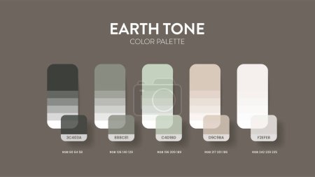 Farbpalette in Earth Tone Farbmotiv-Kollektionen. Farbinspiration oder Farbtabelle mit Codes-Vorlage. Farbkombinationsset von RGB. Colors Swatch für Grafikdesign, Kunst, Mode und Webdesign.