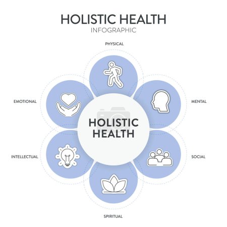 Marco de salud holístico diagrama infográfico gráfico ilustración banner plantilla con icono conjunto vector tiene física, mental, social, espiritual, intelectual y emocional. Concepto de salud y bienestar