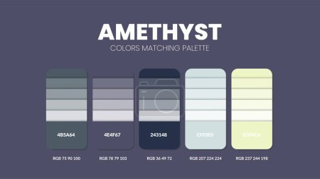 Color palette guide in Amethyst colour theme collections. Color inspiration or chart with codes template. Color combination RGB. Colors swatches for graphic design, art, fashion or painting. Vector.
