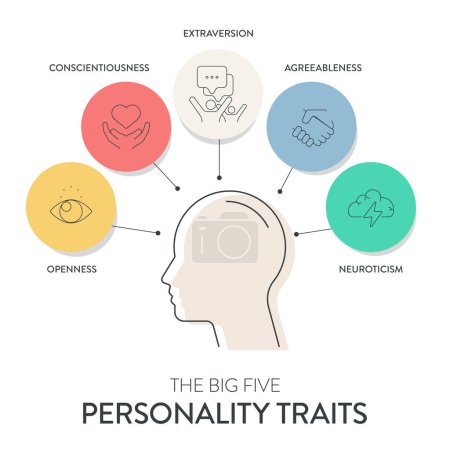Die Big Five Persönlichkeitsmerkmale oder OCEAN-Infografik hat vier Arten von Persönlichkeit: Übereinstimmung, Offenheit für Erfahrung, Neurotizismus, Gewissenhaftigkeit und Extraversion. Präsentationsvektor für psychische Gesundheit.
