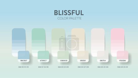 Color palette guide in Blissful colour theme collections. Color inspiration or chart with codes template. Color combination RGB. Colors swatches for graphic design, art, fashion or painting. Vector.